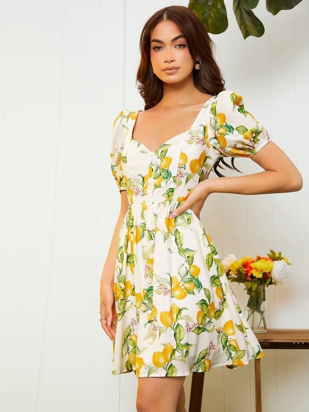 Sweetheart Neck Lemon Print Puff Sleeve Dress - White/Yellow